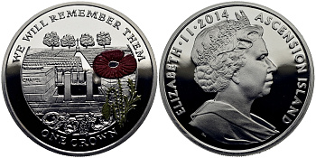 Остров Вознесения 1 крона 2014 в память героев первой мировой войны, кладбище, красный мак KM NEW серебро, эмаль PROOF 1071-2-22