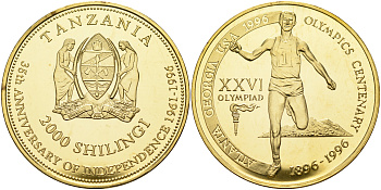 Танзания 2000 шиллингов 1996 XXVI Олимпийские игры 1996 года в Атланте, 100 лет Олимпийскому движению, финиш пробник, гладкий гурт латунь PROOF 06-156-24