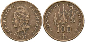 Французская Новая Каледония 100 франков 1987 хижина среди сосен и пальм, (IEOM) KM 15, Schoen 16, Lec 135 никель латунь 4137-934