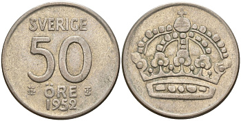 Швеция 50 эре 1952 TS, Густав VI Адольф (1950-1973) KM 825 серебро 4148-946