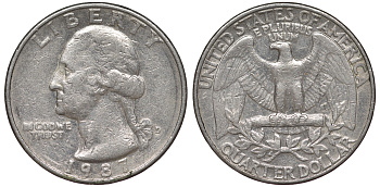 США 25 центов = квотер 1987 D, Вашингтон KM A164a медь плакированная медно-никелем 4543-552