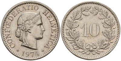 Швейцария 10 раппенов 1974 KM 27 медно-никель 4152-1067