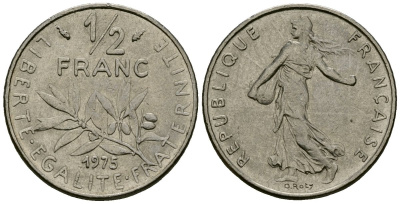 Франция 1/2 франка 1975 сеятель KM 931 никель 4135-657