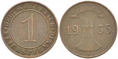 ГЕРМАНИЯ 1 РЕЙХСПФЕННИГ 1935 E KM 37, J 313 бронза 4532-531