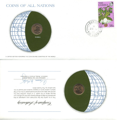ГАМБИЯ 1 БУТУТ 1974 FAO, КОНВЕРТ С МАРКОЙ ПЕРВОГО ДНЯ ГАШЕНИЯ, COINS OF NATIONS KM 14 бронза UNC 4294-73-3