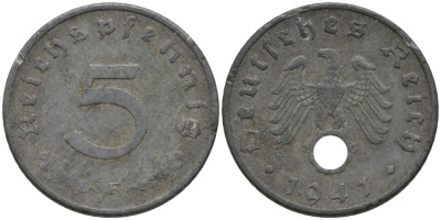 Германия 5 рейхспфеннигов 1941 F, монетный двор Штутгарт KM 100, J. 370 цинк 186-745