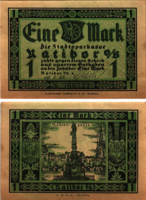 РАТИБОР (РАЦИБУЖ) 1 МАРКА 1922 НОТГЕЛЬД, 10 МАЯ 1922, РУЧНАЯ ПОДПИСЬ, ЗЕМЛЯ СИЛЕЗИЯ (ПОЛЬША) Grabowski 1100.1а бумага 8608-14-1-1