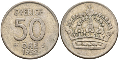 Швеция 50 эре 1952 TS, Густав VI Адольф (1950-1973) KM 825 серебро 4148-946