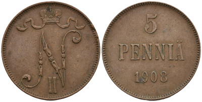 Россия для Финляндии 5 пенни 1908 Николай II (1894-1917) KM 15, Биткин 449 медь 259-1154
