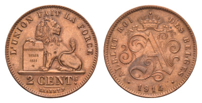 Бельгия 2 сантима 1914 Des Belges, Альберт I (1909-1934) KM 64 медь aUNC 1520-822