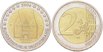Германия 2 евро 2006 D, Федеральные земли Германии - Голштинские ворота в Любеке, Шлезвиг-Гольштейн KM 253 биметалл UNC 4126-1222