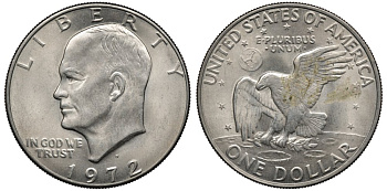США 1 доллар 1972 D, Президент Эйзенхауэр, лунный орел KM 203 медь плакированная медно-никелем 4558-1132