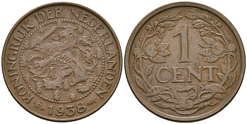 Нидерланды 1 цент 1938 Королева Вильгельмина (1890 - 1948) KM 152 бронза 4169-452