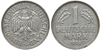 ФРГ 1 МАРКА 1959 G J 385, KM 110 медно-никель 72-654