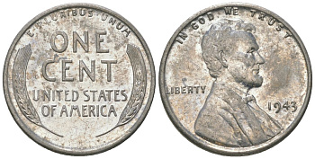 США 1 цент 1943 Авраам Линкольн KM 132 a сталь покрытая цинком aUNC 4580-359