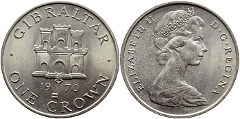 Гибралтар 1 крона 1970 Елизавета II (1952-2022), старый замок KM 4 медно-никель UNC 74-631