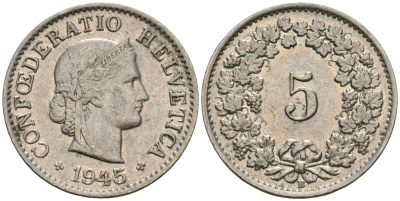Швейцария 5 раппенов 1945 В KM 26 медно-никель 4608-1039