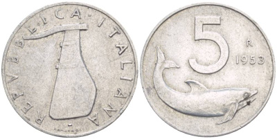 Италия 5 лир 1953 R, дельфин, плуг KM 92 алюминий 4551-113
