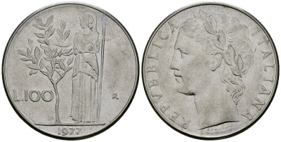 Италия 100 лир 1977 R, Афина у оливкого дерева KM 96.1 нержавеющая сталь 4137-232