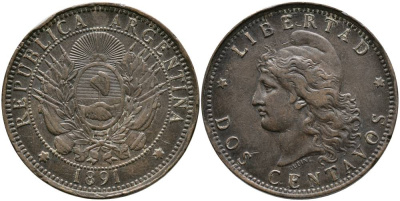 Аргентина 2 сентаво 1891 голова свободы влево KM 8 бронза 4531-1015