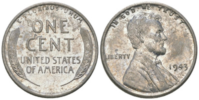 США 1 цент 1943 Авраам Линкольн KM 132 a сталь покрытая цинком aUNC 4580-359