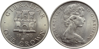 Гибралтар 1 крона 1970 Елизавета II (1952-2022), старый замок KM 4 медно-никель UNC 74-631