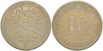 ГЕРМАНИЯ 10 ПФЕННИГОВ 1874 A, СТАРОГЕРБОВКА, KM 4, J. 4 медно-никель 3996-1161