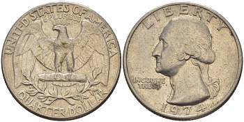 США 25 центов (квотер) 1974 Вашингтон KM 164a медь плакированная медно-никелем 31-727