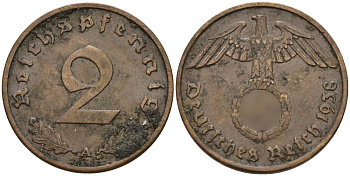 Германия 2 рейхспфеннига 1938 A KM 90, J. 362 бронза 4147-1265