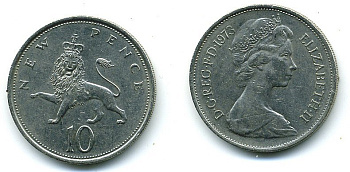 Великобритания 10 пенсов 1973 Елизавета II (1952-2022) KM 912, Spink 4231 (F1) медно-никель  4110-1324
