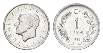 Турция 1 лира 1982 Кемаль Ататюрк KM 990 алюминий UNC 4647-629