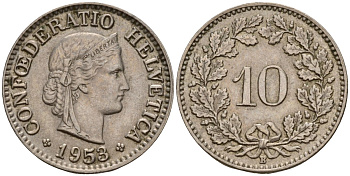 Швейцария 10 раппенов 1953 B KM 27 медно-никель 4189-347