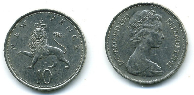 Великобритания 10 пенсов 1973 Елизавета II (1952-2022) KM 912, Spink 4231 (F1) медно-никель  4110-1324