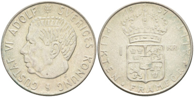 Швеция 1 крона 1957 TS, Густав VI Адольф (1950-1973) KM 826 серебро 3851-1236