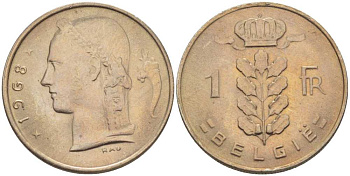 БЕЛЬГИЯ 1 ФРАНК 1968 BELGIE, БОДУЭН I (1951-1993) KM 143.1 медно-никель 202-1033
