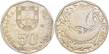 Португалия 50 эскудо 1988 парусник KM 636 медно-никель 4517-341
