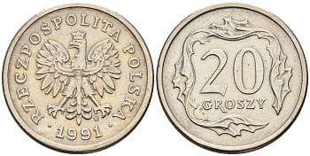 Польша 20 грошей 1991 MW KM 280 медно-никель    4564-235