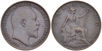 Великобритания 1 фартинг 1903 Эдуард VII (1901-1910), KM 792, Spink 3992 бронза 4543-947