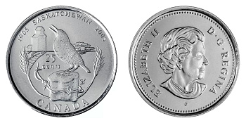Канада 25 центов 2005 100-лет провинции Саскачеван, птица KM 532 никелированная сталь  UNC  M59-04