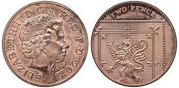 Великобритания 2 пенса 2012 Елизавета II (1952-2022) KM 1108, Spink 4691 (C6) сталь плакированная медью aUNC 4122-856