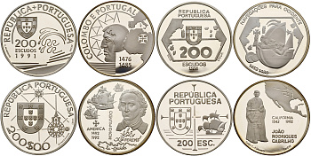 Португалия набор из 4 монет по 200 эскудо 1992 Великие Португальские открытия, серия III, сертификат, коробка KM 658a, 659a, 660a, 661a серебро PROOF 1-4-6-13