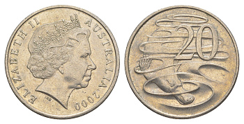 Австралия 20 центов 2000 Елизавета II (1952-2022), утконос KM 403 медно-никель 4385-433