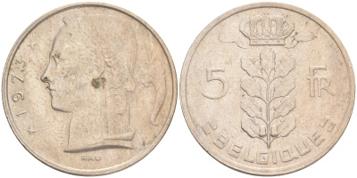 БЕЛЬГИЯ 5 ФРАНКОВ 1973 BELGIQUE KM 134.1 медно-никель 4556-545