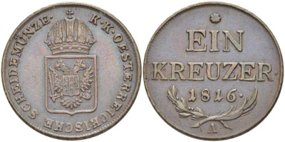 АВСТРИЯ 1 КРЕЙЦЕР 1816 A, ФРАНЦ II (1792-1835) KM 2113 медь 180-536