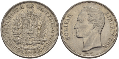 Венесуэла 1 боливар 1967 Симон Боливар KM 42 никель 31-534