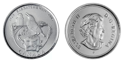 Канада 25 центов 2005 100-лет провинции Саскачеван, птица KM 532 никелированная сталь  UNC  M59-04