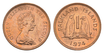 Фолклендские острова 1 пенс 1974 Елизавета II (1952-2022), папуанский пингвин KM 2 бронза  aUNC  4640-851