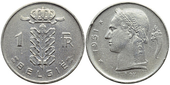 БЕЛЬГИЯ 1 ФРАНК 1951 BELGIE KM 143.1 медно-никель 4390-151