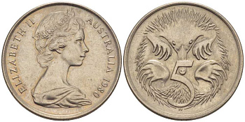 АВСТРАЛИЯ 5 ЦЕНТОВ 1980 ЕЛИЗАВЕТА II, МОЛОДОЙ ПОРТРЕТ, ЕХИДНА KM 64 медно-никель 100-1233