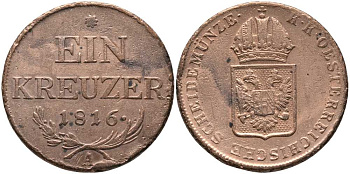 АВСТРИЯ 1 КРЕЙЦЕР 1816 А, ФРАНЦ II (1792-1835) KM 2113 медь 117-521